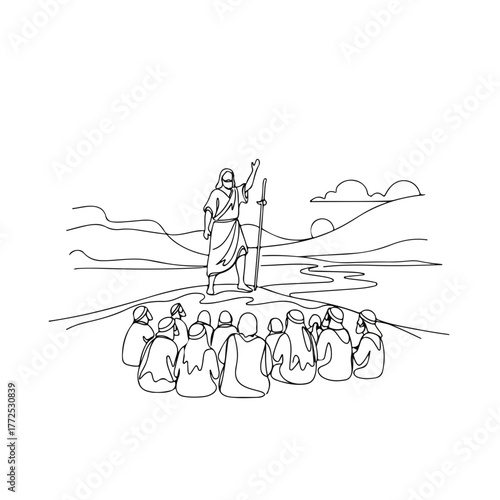 Biblical scene depicting an orator speaking to a group of people in minimalistic line art. The scene shows audience members listening attentively to speaker.