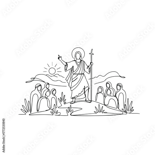 Depiction of biblical history with Jesus preaching to crowd, illustration in black and white. Depiction highlights themes of faith, spirituality and teaching, showing Jesus surrounded by followers,