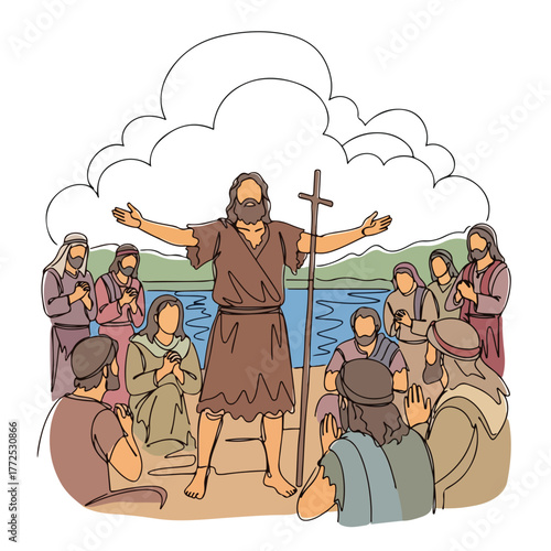 Biblical history illustration showcases Saint John the Baptist preaching to followers near water. Saint John baptizes people in biblical history. Line art shows important moments in biblical history,