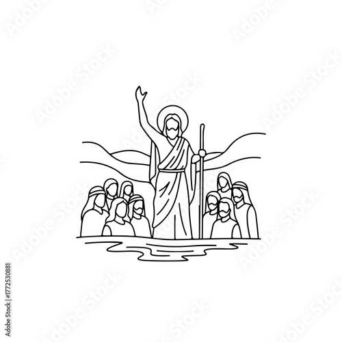Biblical history shown with saint John baptizing people in river, wearing a halo and holding staff. Depiction biblical history conveys a solemn moment of faith, humility, and purification,