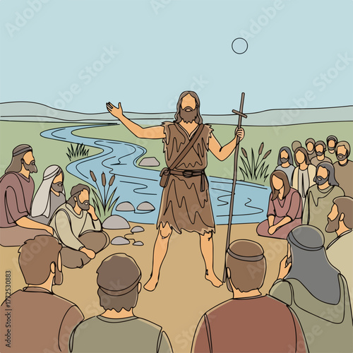 Biblical history illustration of saint John the Baptist preaching to crowd near river. Religious figure saint John shares message with diverse group of followers,