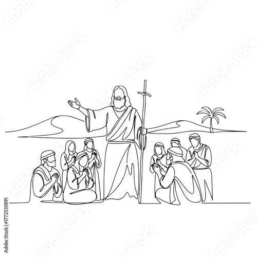 Biblical figure preaching to crowd, drawn with a single line on white background. Biblical figure stands holding staff, surrounded by followers in supplication.