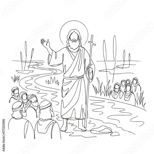 Biblical history shown in line art with Jesus Christ standing near river as he speaks to crowd. Biblical history scene illustrates him preaching about faith, hope, and salvation to audience.