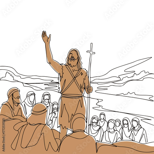 Depiction of biblical history scene, with John the Baptist preaching to group along riverbank. Biblical history comes to life as religious leader shares message,