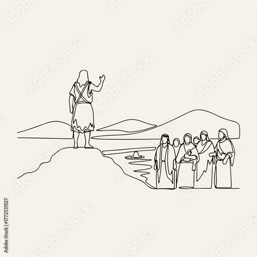 Biblical history depicted with illustration of John baptizing in Jordan River, disciples, and Jesus.
