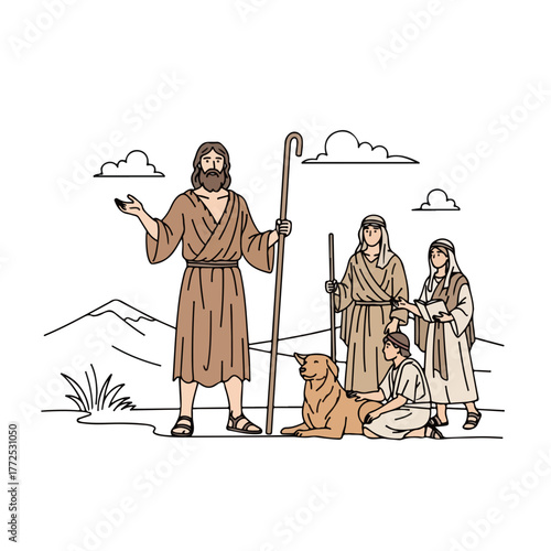 Biblical illustration showcases good shepherd with his staff. Group of people near good shepherd with dog in biblical times.