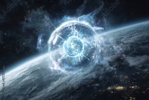 A futuristic space scene featuring a large blue object glowing in the center, resembling a floating fusion reactor in low Earth orbit emitting plasma.