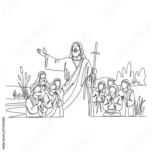 Biblical history scene depicting Jesus Christ preaching to crowd on riverbank. Biblical history teaching illustration showcases religious disciples listening attentively,