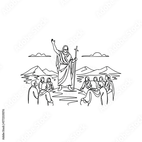 Biblical history illustration depicting Jesus Christ on hill with crowd. Biblical history also represents teaching of religion with spiritual leader, disciples, and landscape.