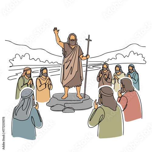 Depiction of John Baptist preaching to crowd on stone, John Baptist wears robe and holds staff near river. Scene of John Baptist,