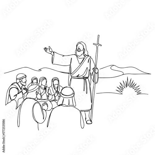 Continuous line drawing showing Jesus Christ giving sermon to crowd, illustration in single line design. Biblical scene shows Christ preaching with sun rising in distance.