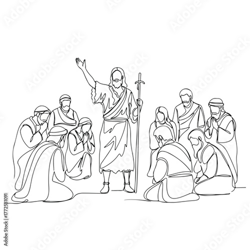 Linear drawing biblical history with disciples listening to Jesus, preacher with staff, standing against white background. Biblical history scene is minimalist artistic line drawing of New Testament.