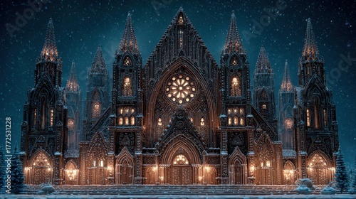 Front view of a majestic gothic cathedral during a snowy winter night.