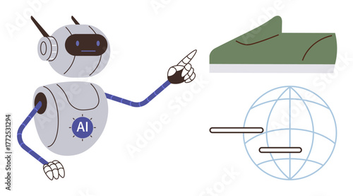 Robot pointing at green shoe design with digital globe illustrating online connectivity. Ideal for innovation, technology, AI learning, product design, global reach, digital solutions, simple flat