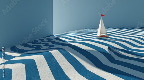 Sailboat floating on a surreal sea of wavy blue and white stripes.
