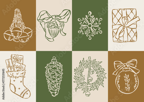 Christmas ornament doodles collection. Art for greeting cards, holiday invitations, poster design, postcards, branding, logo design, background.	