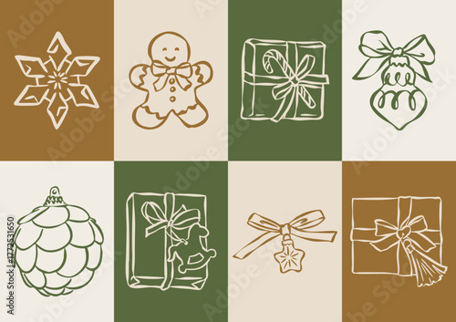 Christmas ornament doodles collection. Art for greeting cards, holiday invitations, poster design, postcards, branding, logo design, background.	