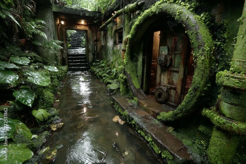 Fototapeta Naklejka Na Ścianę i Meble -  derelict control room overtaken by jungle roots. Generative AI