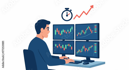 Illustration of a man analyzing stock market data on multiple computer screens in a minimalist workspace.