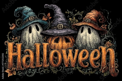 A whimsical Halloween-themed illustration featuring three ghostly figures in colorful hats and a carved pumpkin amidst decorative elements.