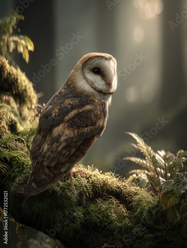 A majestic owl perched on a mossy branch, surrounded by a misty forest, showcasing its striking features and natural beauty.