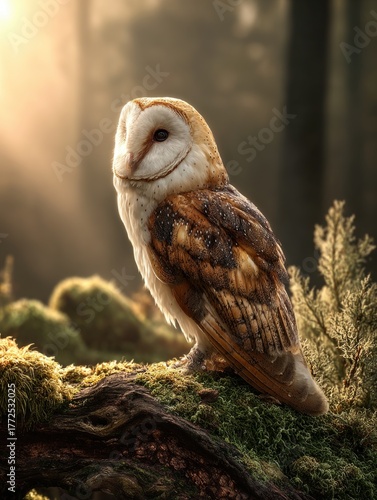 A majestic barn owl perched on a mossy log, illuminated by soft sunlight filtering through the trees, capturing a serene moment in nature.