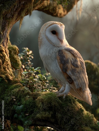 A serene barn owl perched on a mossy branch, surrounded by foliage, illuminated by soft natural light.
