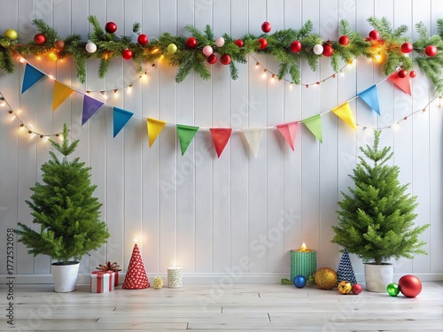 Festive Garland & Flags on White Wall - Holiday Decoration Stock Photo