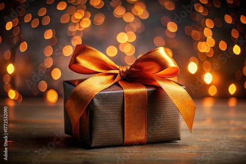 Festive Gift Box with Orange Ribbon - Low Light Bokeh Background - Holiday Present