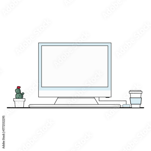 Illustration of Computer with Cactus and Coffee