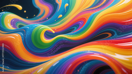 Abstract fluid painting with vibrant swirling colors forming a dynamic flow pattern