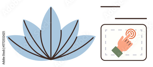 Blue lotus flower with simple geometric petals alongside a hand tapping a touchscreen interface. Ideal for wellness, technology, mindfulness, simplicity, user interfaces, balance, innovation. A