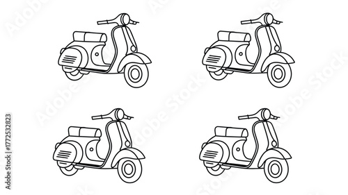 Four scalable vector illustrations of classic scooters in black and white line art style vector