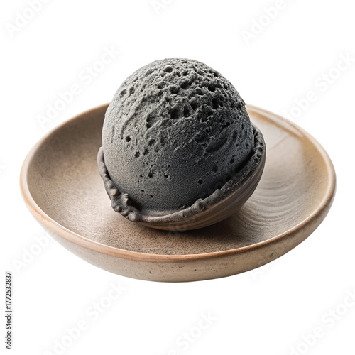 Black Sesame Ice Cream Scoop: Black sesame ice cream scoop placed on ceramic plate, creamy texture, elegant composition, PNG cut out.