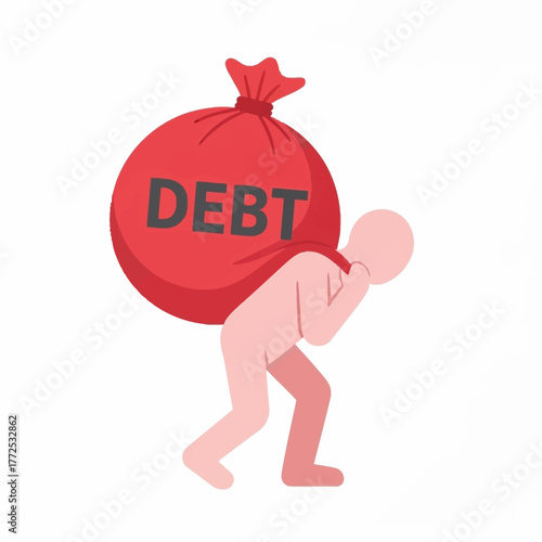 A cartoon person carrying a large red bag labeled 'DEBT' on their back against a white background.