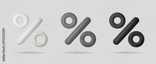 3D percent icons in white, grey, and black colors showing rate, discount, and price change. Modern percentage vector for sale, business, and financial concept, symbolizing growth and reduction