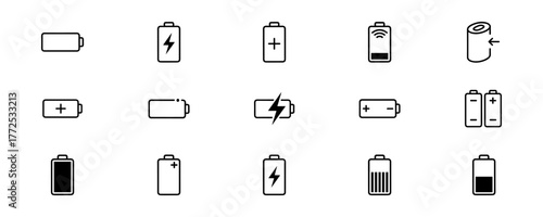 Battery icons set in line style with different charge status