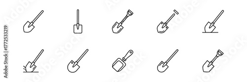 Set of Ten Black and White Shovel Icons in Line Style