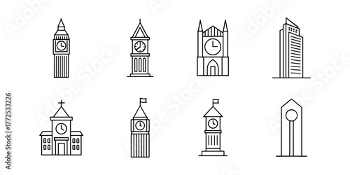 Clock Tower and Building Icon Set in Minimalist Line Style