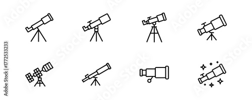Telescope and Satellite Icons Set in Line Style