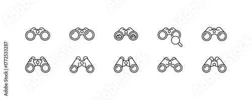 Set of Ten Line Binoculars Icons in Minimalistic Style