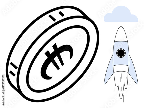 Large coin with cryptocurrency symbol alongside a blue rocket blasting off into the sky. Ideal for finance, blockchain, technology, innovation, investment, growth, startup. Simple flat metaphor