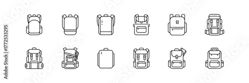 Minimalist Black and White Line Drawings of Various Backpack Designs
