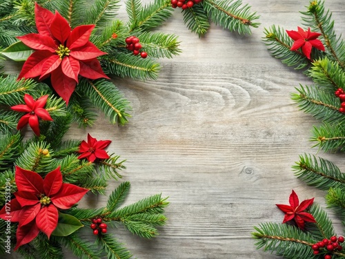 Festive Winter Arrangement: Fir Twigs & Poinsettia Border with Copy Space - Stock Photo