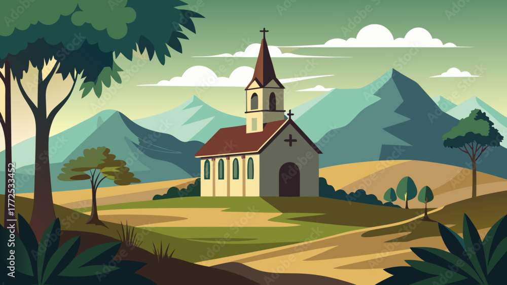 Naklejka premium Church in the countryside landscape view