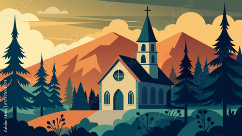 Church in the mountains at sunset time