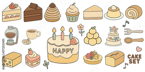 手描き風ケーキとスイーツのステッカーセット、Cake and Sweets Sticker Set
