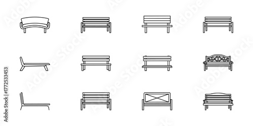 Set of Twelve Line Drawings of Benches in Minimalist Style