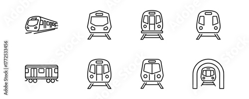 Set of Simple Black and White Line Train and Subway Icons