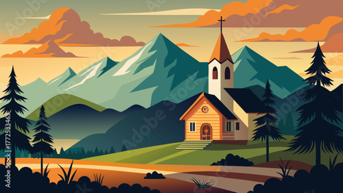 Church in the mountains at sunset time